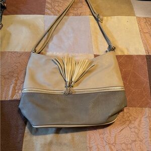 Stylish Two-Tone Fringe Crossbody Bag - Beige & Taupe